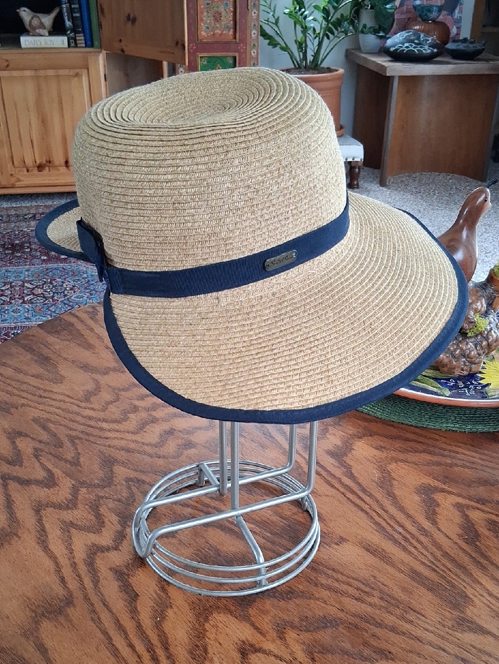 Sun And Sand Rafia Navy Trim  Backless Wide Brim Summer Beach Hat - Picture 2 of 9